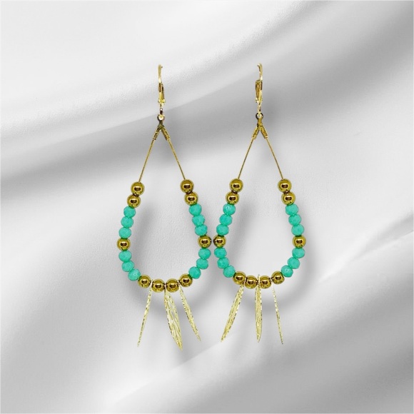 BOUTIQUE Gold and Turquoise Beaded Hoop Earrings, Classy, Dainty, Summer Dangles - Picture 4 of 9
